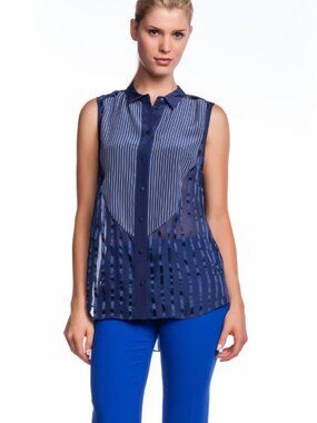 Jeunesse Edith Blouse Midnight Silver Sleeveless Blue Silk Chiffon Sheer Top